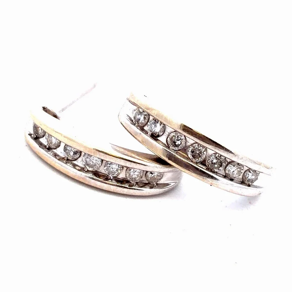 Estate 14K White Gold Channel Set Round Diamond Half Hoop Drop Stud Earrings